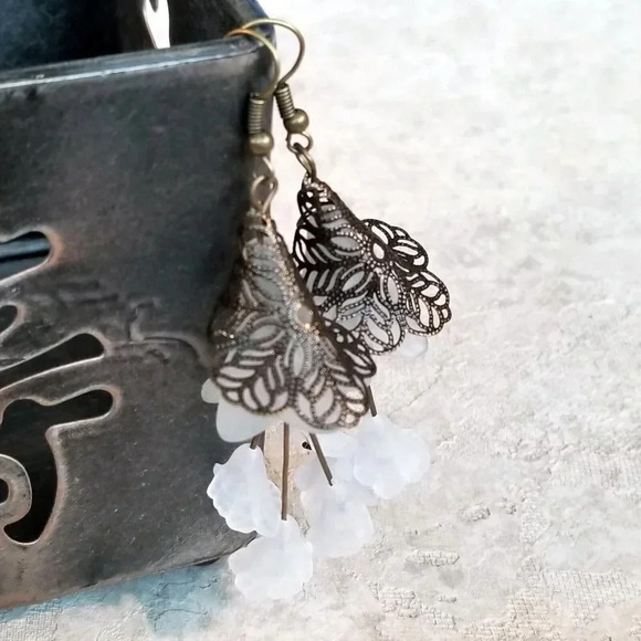 Edgy Shades of White Matte Lucite Flowers Bronze Filigree Victorian Earrings - Picture 3 of 5